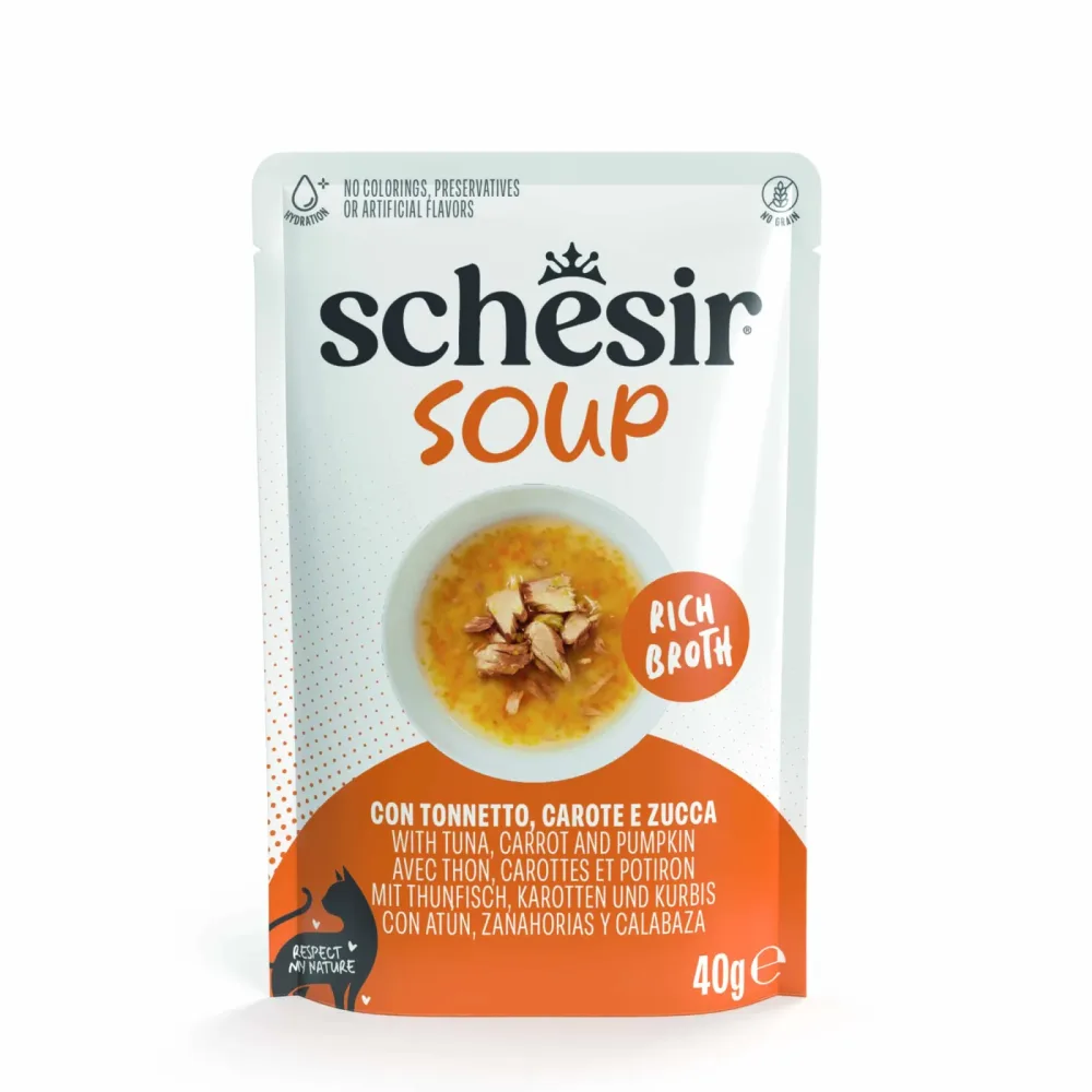 Schesir Cat Soup 12 x 40 g in Beuteln - Thunfisch, Karotten und Kürbis