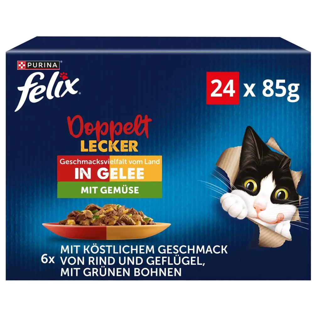 Felix Doppelt Lecker Nassfutter Katze, Adult, Geschmacksvielfalt mit Gemüse 24x85 g