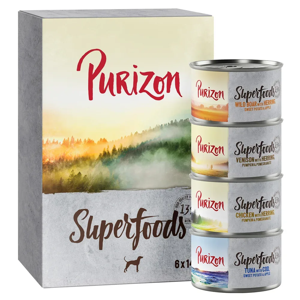Purizon Superfoods 24 x 140 g - Mixpaket (8x Huhn, 8x Thunfisch, 4x Wildschwein, 4x Wild)