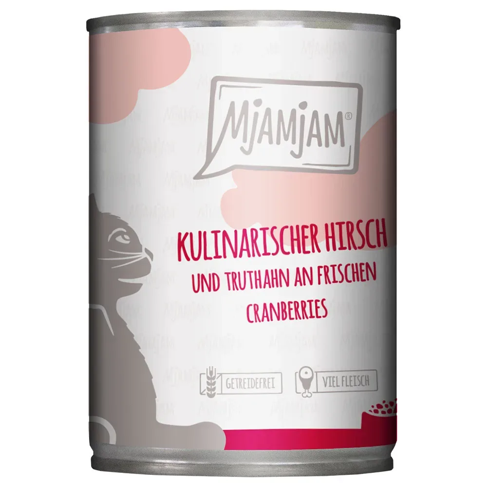 Sparpaket MjAMjAM Katzenfutter 24 x 400 g - kulinarischer Hirsch und Truthahn an frischen Cranberries