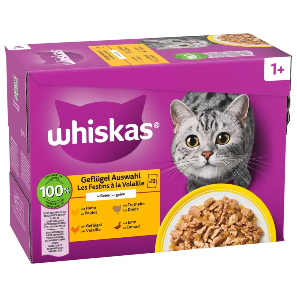 Jumbopack Whiskas 1+ Adult Frischebeutel 144 x 85 g - Geflügelauswahl in Gelee