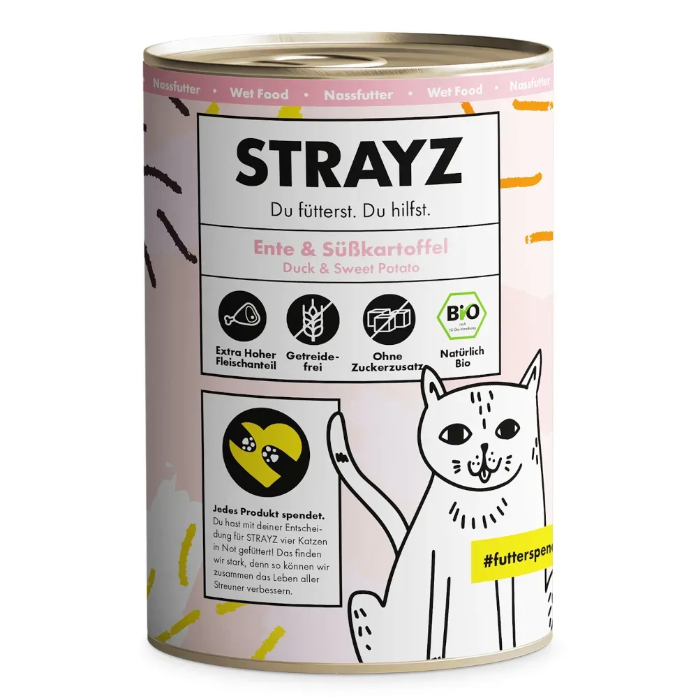 STRAYZ BIO Katze 6 x 400 g - Bio-Ente & Bio-Süsskartoffel