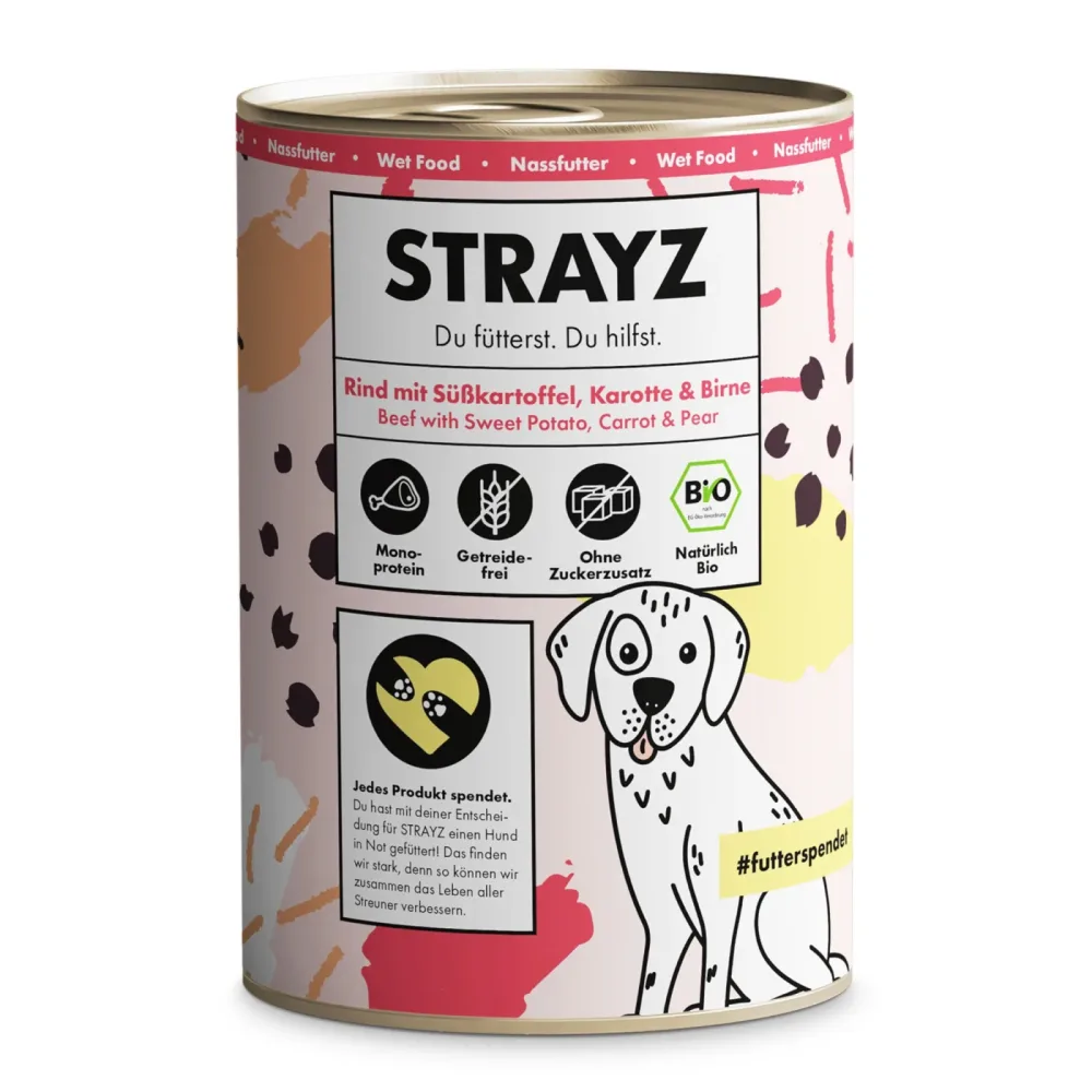 Sparpaket STRAYZ BIO 24 x 400 g - Bio-Rind mit Bio-Süsskartoffel, Bio-Karotte & Bio-Birne