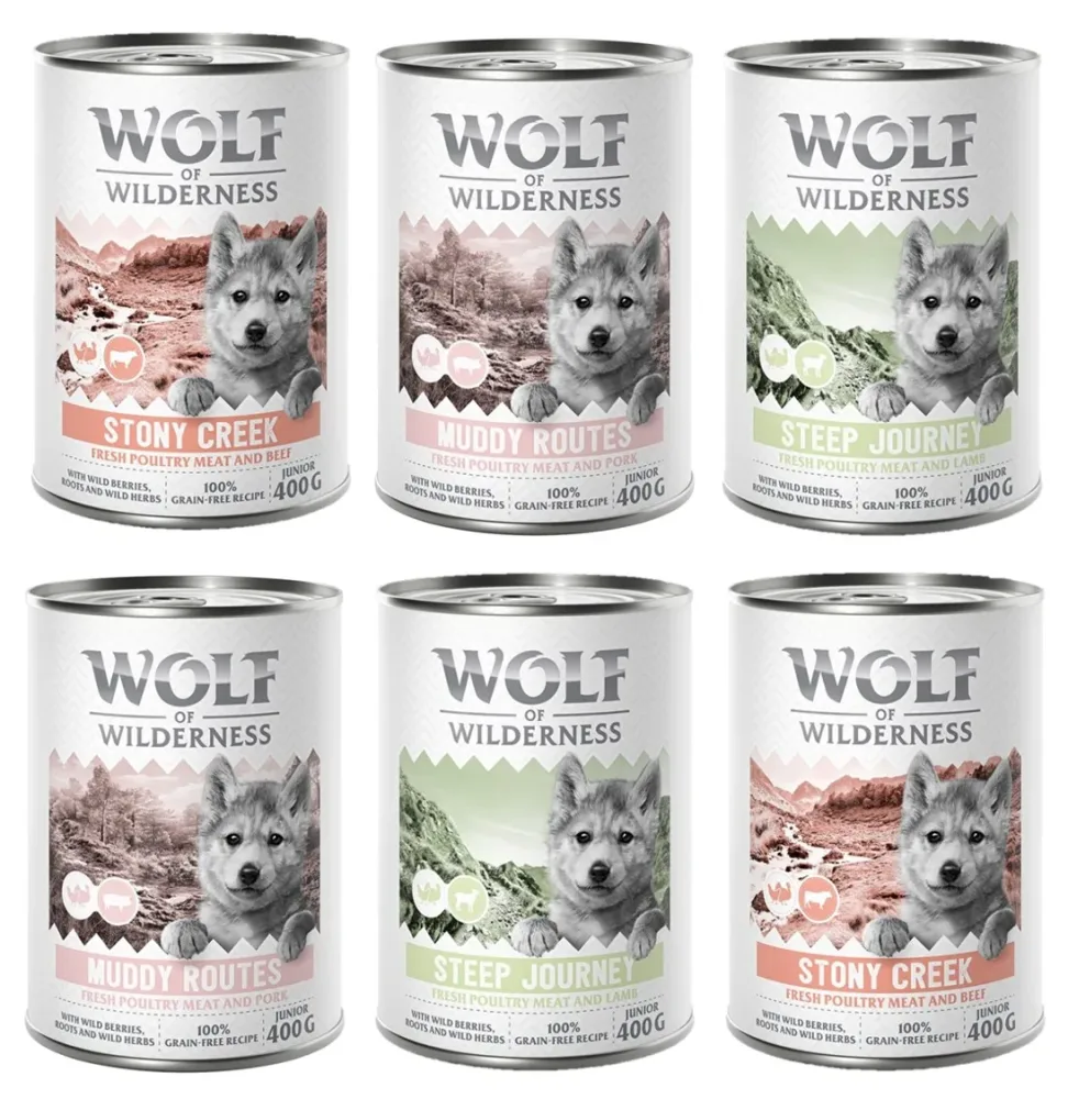 Wolf of Wilderness Junior 6 x 400 g - Mit viel frischem Geflügel  - Mix (3 Sorten)