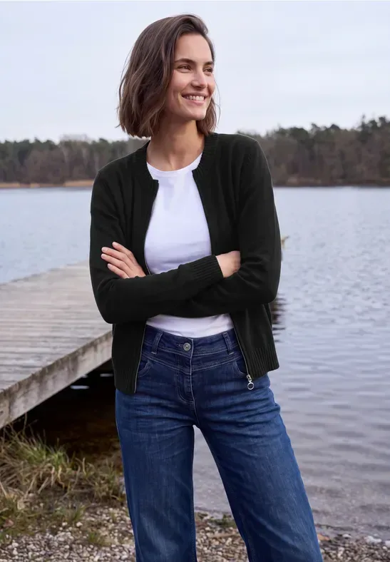 Langarm Cardigan mit Rundhals und Zipper
