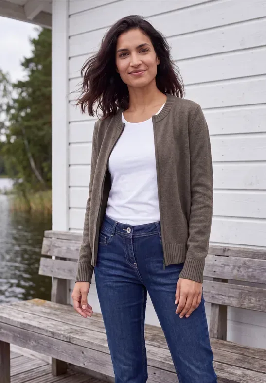 Langarm Cardigan mit Rundhals und Zipper
