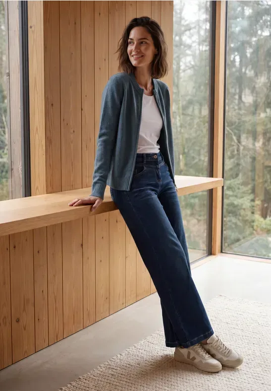 Langarm Cardigan mit Rundhals und Zipper