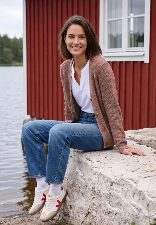 Chunky Cardigan mit V-Neck und Melange-Optik