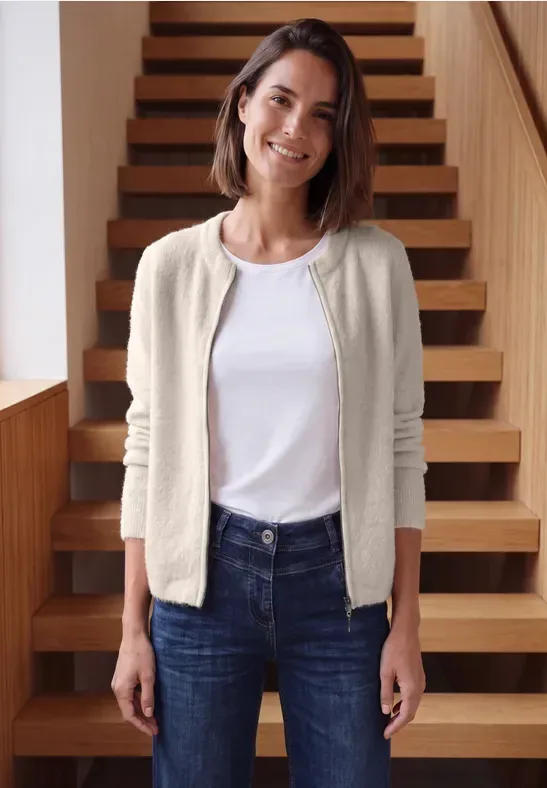 Federgarn Cardigan mit Rundhals