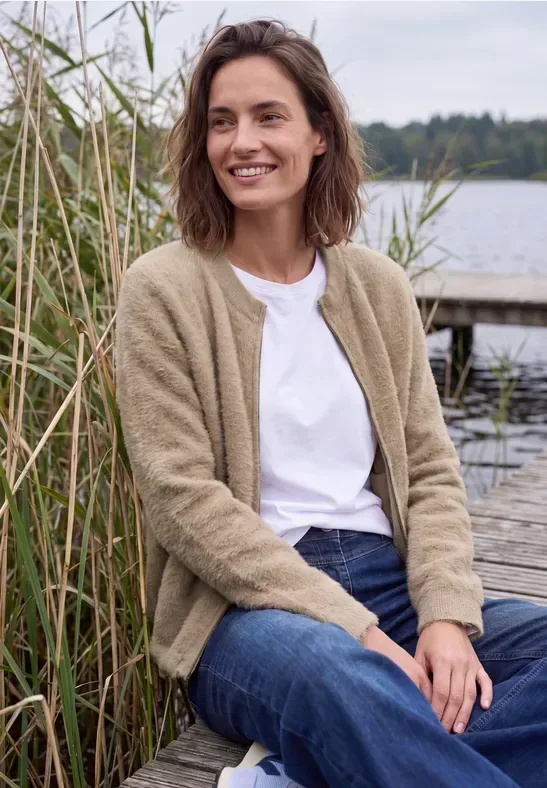 Federgarn Cardigan mit Rundhals