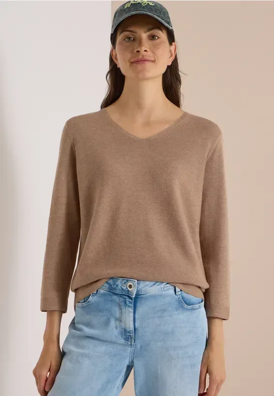 3/4-Arm Pullover mit V-Neck und Strukturfront