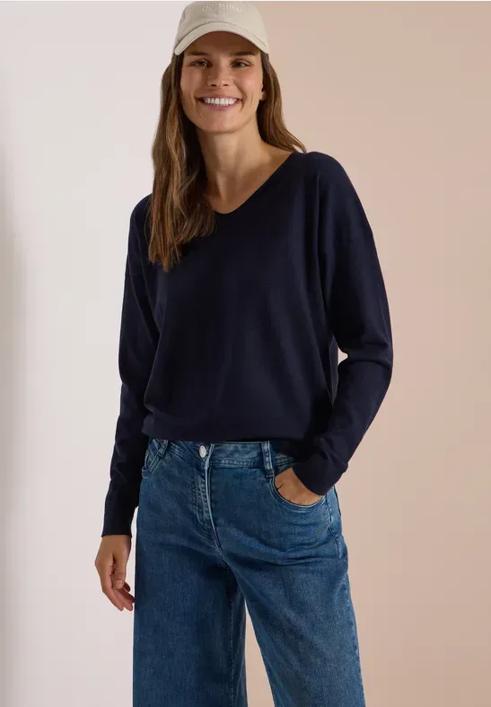 Langarm Pullover mit Rounded V-Neck