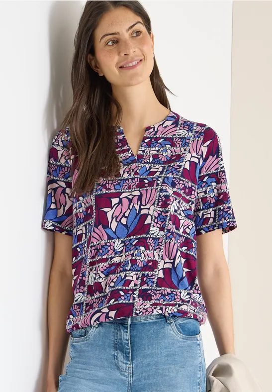 Kurzarm Shirt mit Split Neck und Print