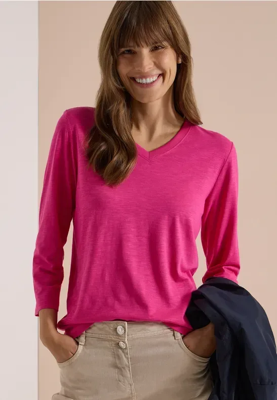 3/4-Arm Shirt in Unifarbe mit V-Neck