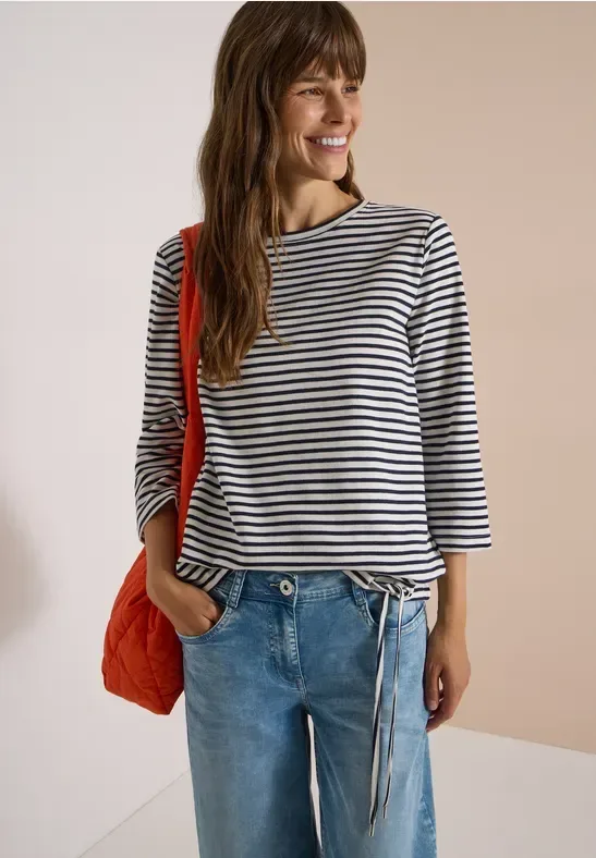 3/4-Arm Shirt mit Rundhals und Streifen