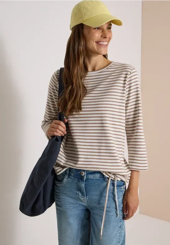 3/4-Arm Shirt mit Rundhals und Streifen