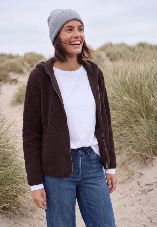 Teddy-Jacke mit Kapuze in Unifarbe