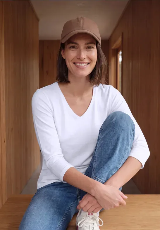 3/4-Arm Shirt in Unifarbe mit V-Neck