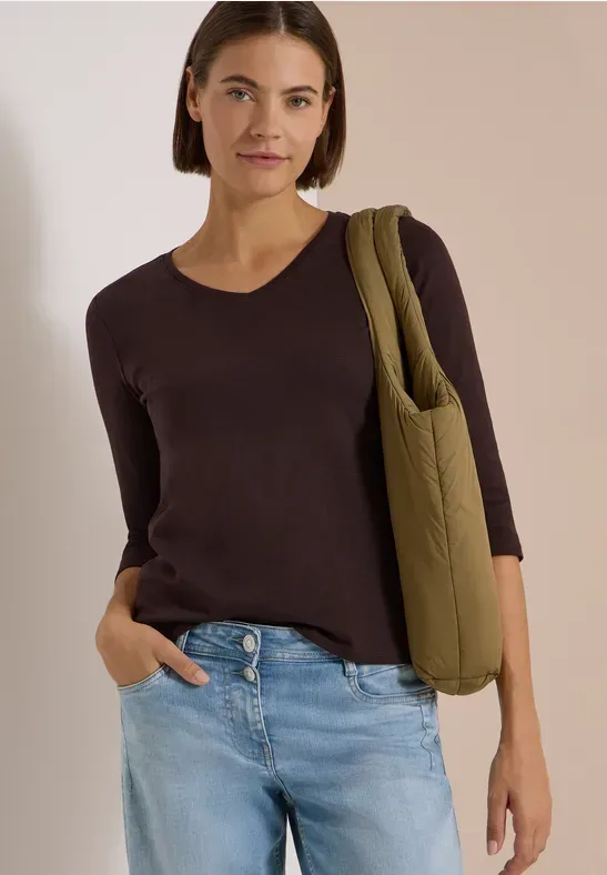 3/4-Arm Shirt in Unifarbe mit V-Neck