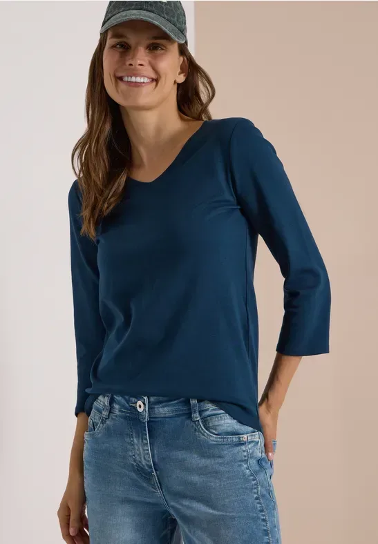 3/4-Arm Shirt in Unifarbe mit V-Neck