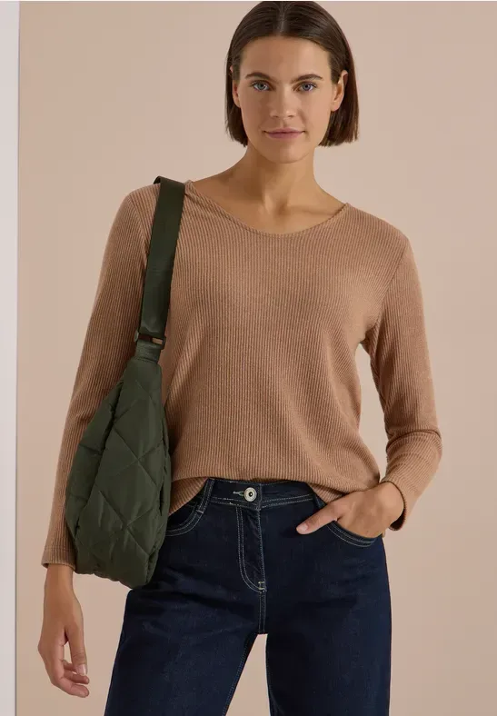 Langarm Shirt mit V-Neck und Rippstruktur