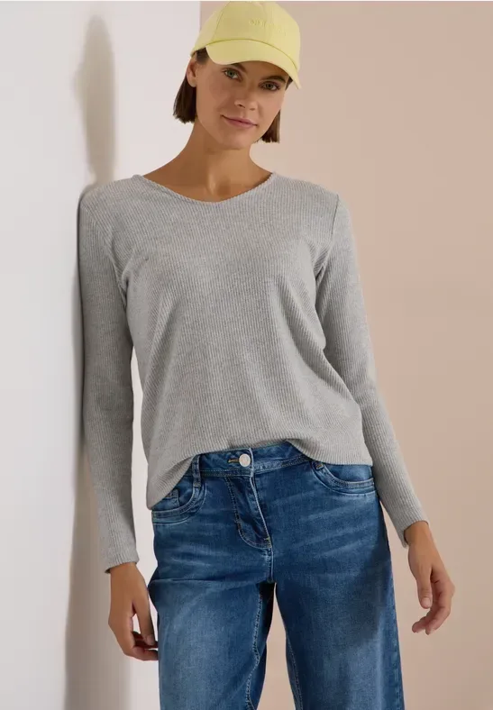 Langarm Shirt mit V-Neck und Rippstruktur
