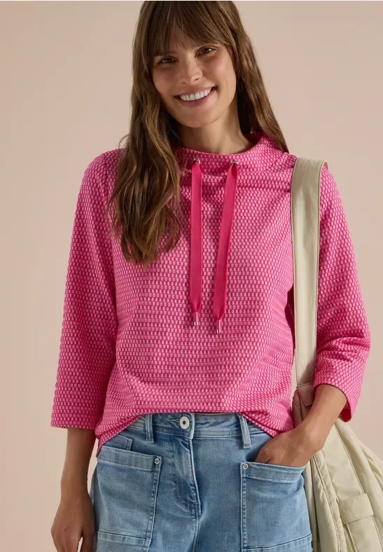 3/4-Arm Shirt mit Funnel Neck und Struktur