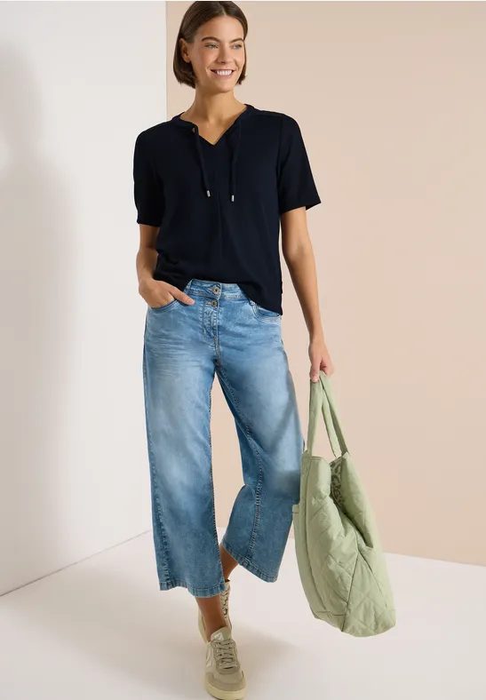 Kurzarm Bluse mit Split Neck und Bändern