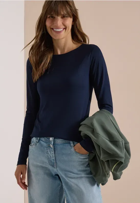 Langarm Shirt in Unifarbe mit Boat Neck