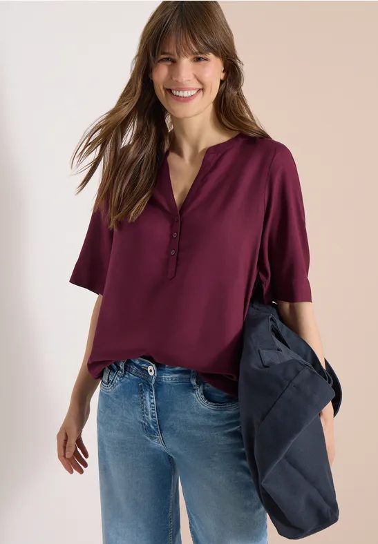 Bluse mit Split Neck und Elastiksaum