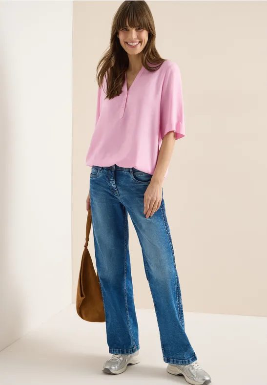 Bluse mit Split Neck und Elastiksaum