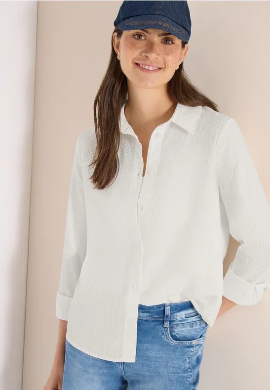 Seersucker Langarm Bluse mit Knopfleiste