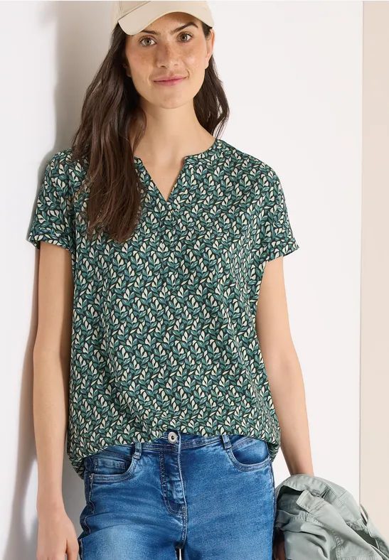 Bluse mit Split Neck und Minimal Print