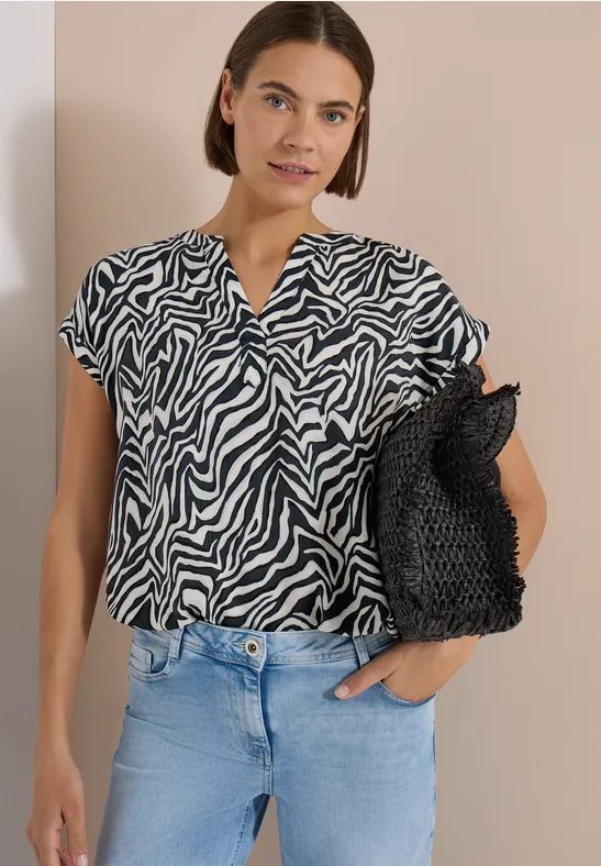 Cecil Shirtbluse Sommerbluse mit Split Neck und Zebra-Print