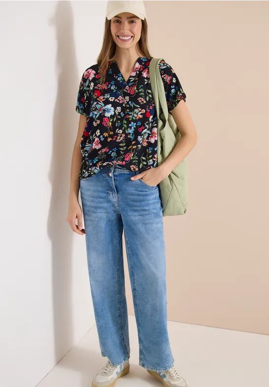 Bluse mit Split Neck und floralem Muster