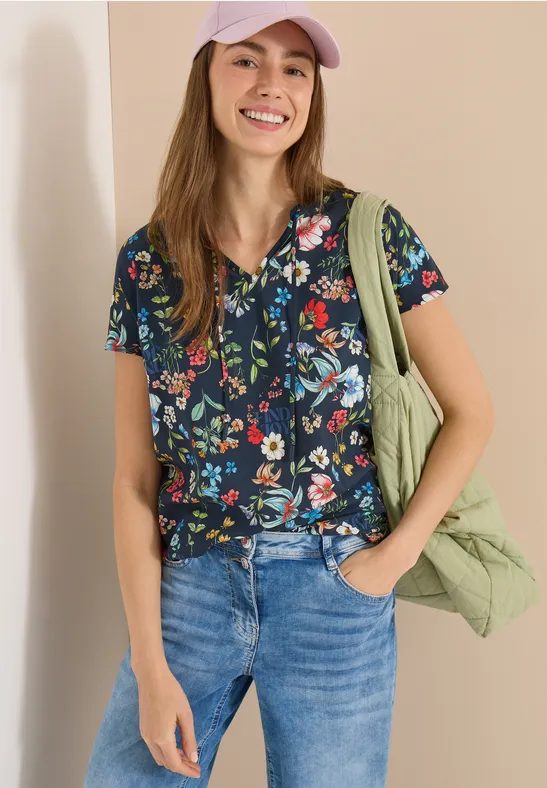 Kurzarm Bluse mit Strukturmix und Print
