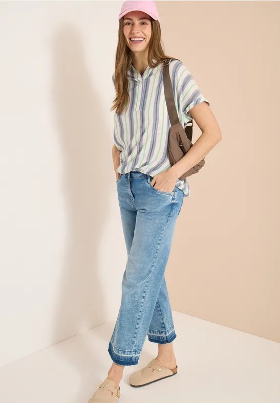Kurzarm Bluse mit Split Neck und Streifen