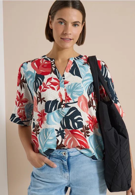 Kurzarm Bluse mit Split Neck