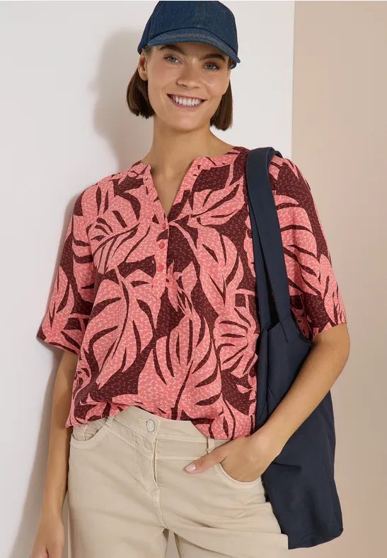 Kurzarm Bluse mit Split Neck