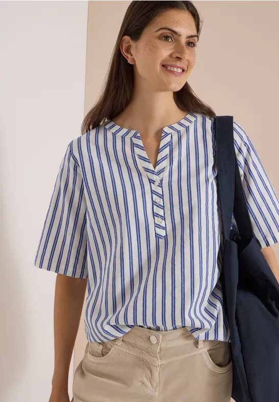 Halbarm Bluse mit Split Neck und Streifen