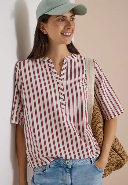 Halbarm Bluse mit Split Neck und Streifen