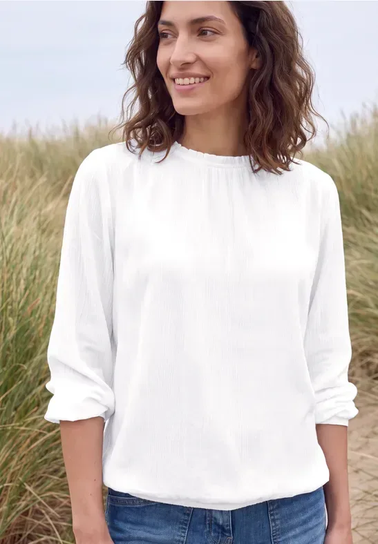 Langarm Bluse mit Rundhals und Smokdetail