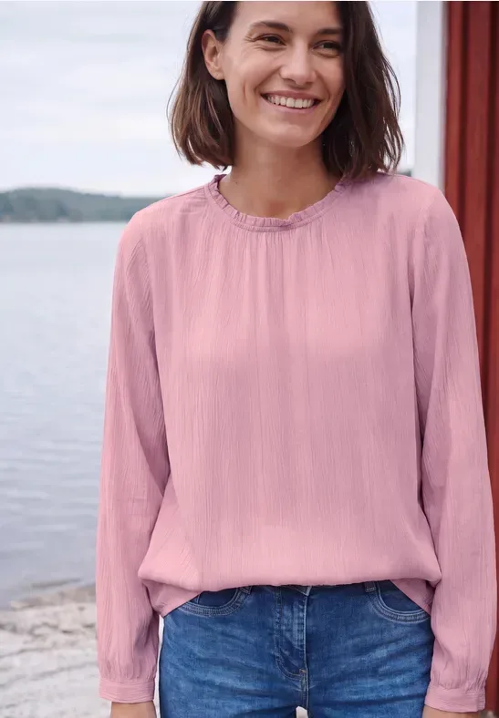 Langarm Bluse mit Rundhals und Smokdetail