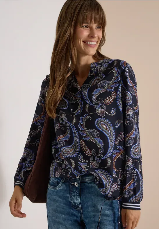 Langarm Bluse mit Split Neck und Print
