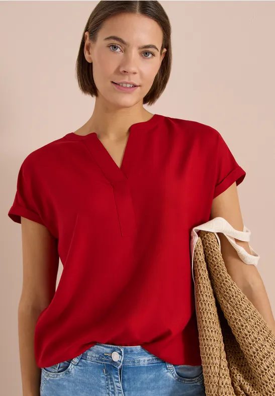 Kurzarm Bluse mit Split Neck