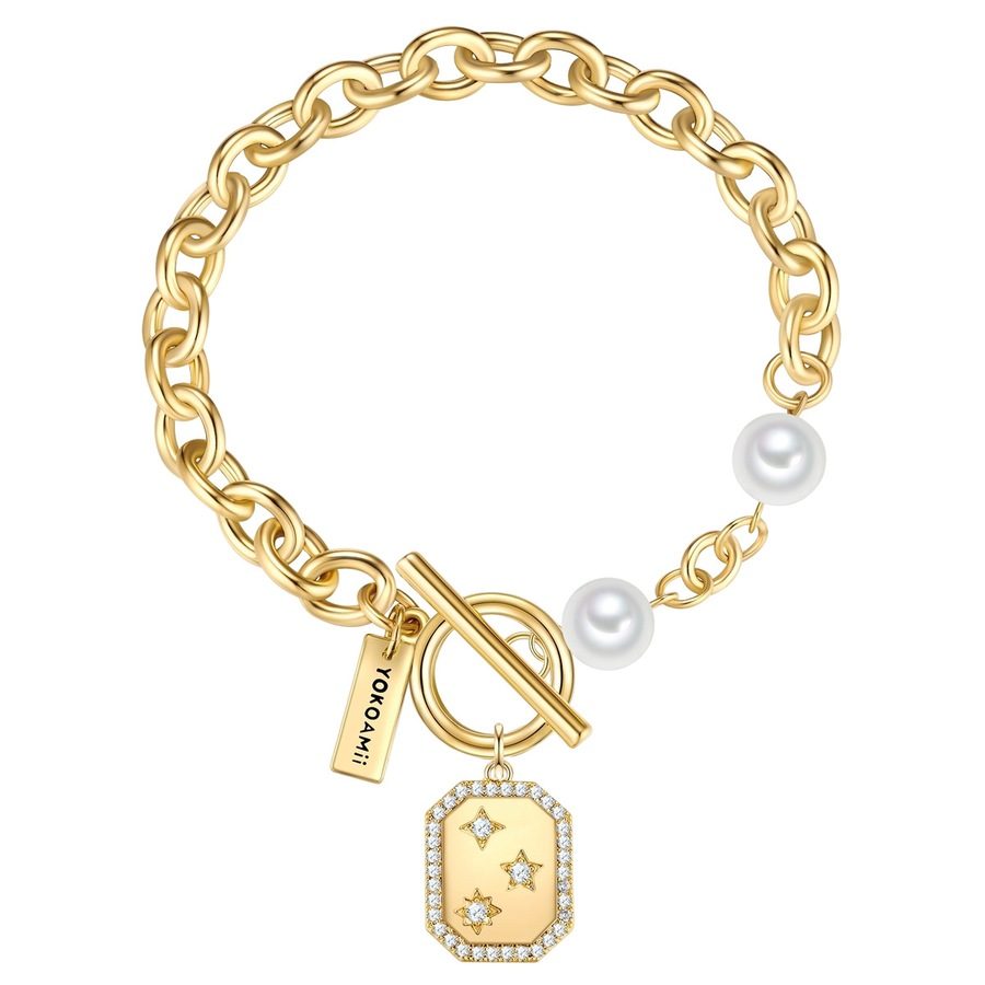 Yokoamii Armband Sterne aus Messing in Gelbgold mit Zirkonia und Perle (synth.) Armbänder & Armreife 1 ct Damen