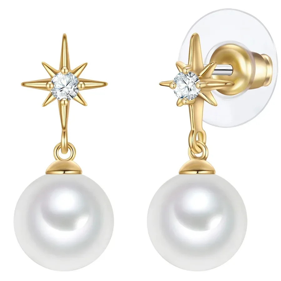 Yokoamii Ohrhänger aus Messing in Gelbgold mit Zirkonia und Muschelkernperle Ohrringe 1 ct Damen
