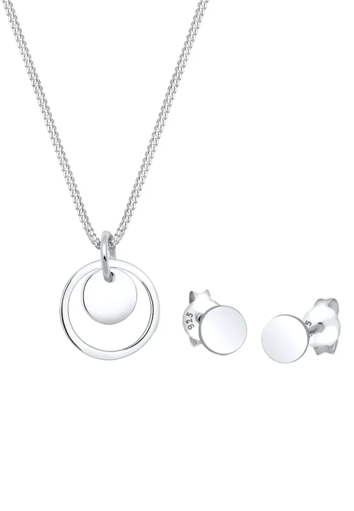 Elli - Schmuckset Rund Plättchen Kette Ohrstecker, Silber