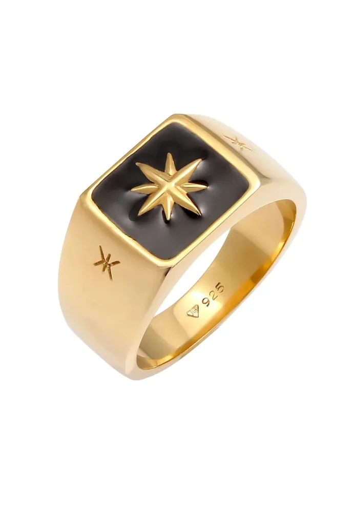Kuzzoi - Ring Siegelring Emaille Schwarz Stern Basic 925 Silber, 64mm, Gold