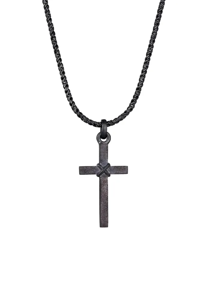 Kuzzoi - Halskette  Kreuz Flach Kordelkette 925 Silber, 55 CM, Schwarz
